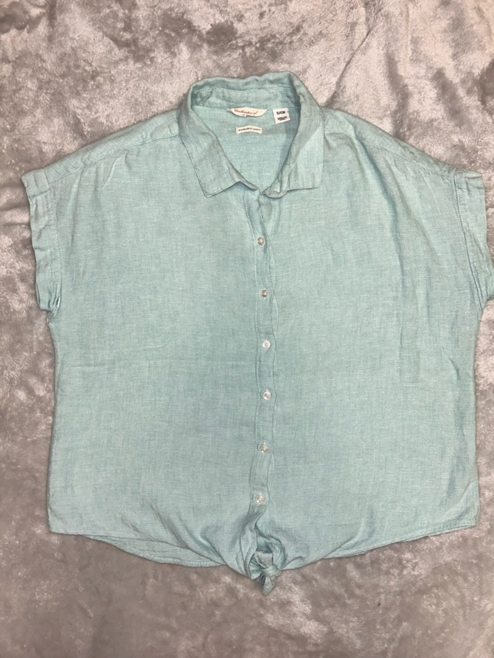 Madewell Light Aqua Button-Down Linen Tie-Hem Shirt